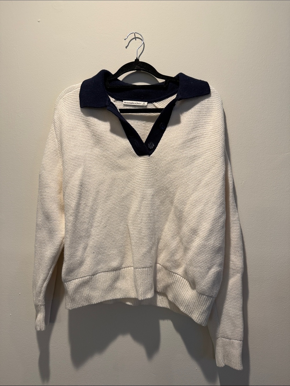 Abercrombie & Fitch Cream V-Neck Sweater with Navy Polo Collar